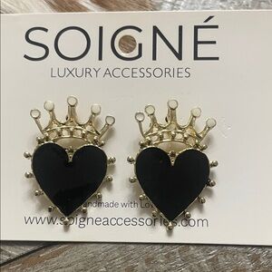 Soigné Black Heart Crown Stud Earrings